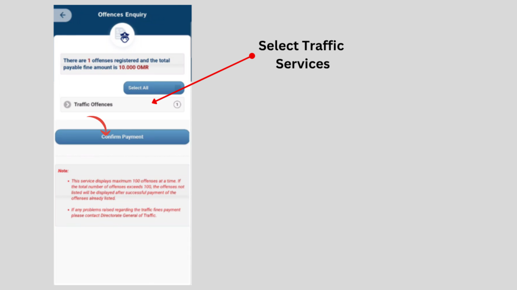 Select traffic offenses in the ROP mobile app before paying traffic fines in Oman