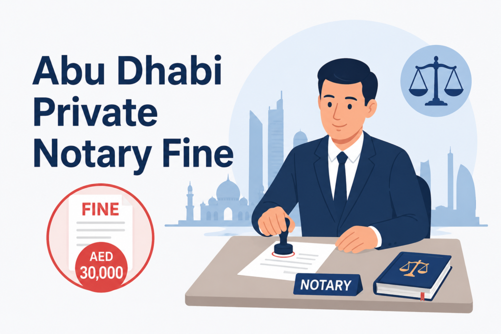 Abu Dhabi private notary fine of AED 30,000 illustrated with a notary stamping a document