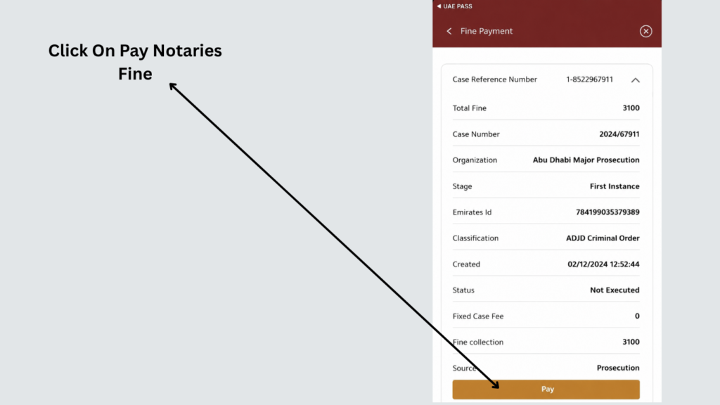 ADJD app screen showing the Pay option for an Abu Dhabi private notary fine