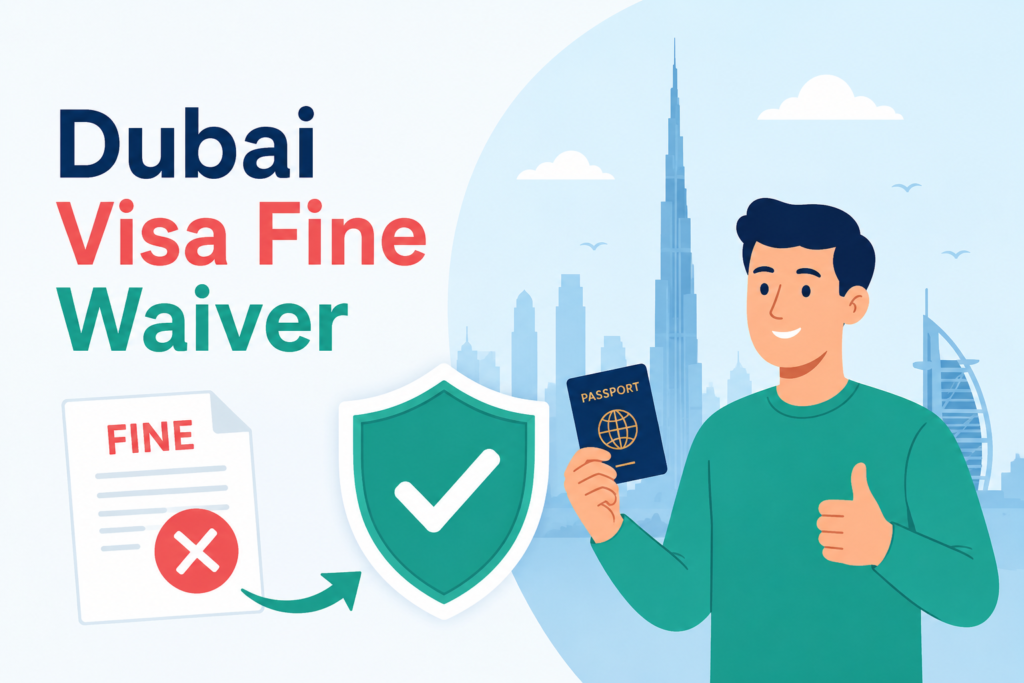 Dubai Visa Fine Waiver illustration showing a person with a passport, cancelled fine document, approval shield, and Dubai skyline.
