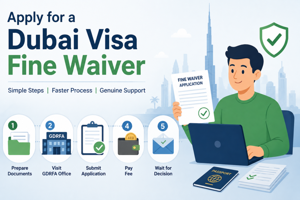 Dubai Visa Fine Waiver application guide showing the GDRFA process, required documents, fee payment, and approval steps with an illustrated applicant.