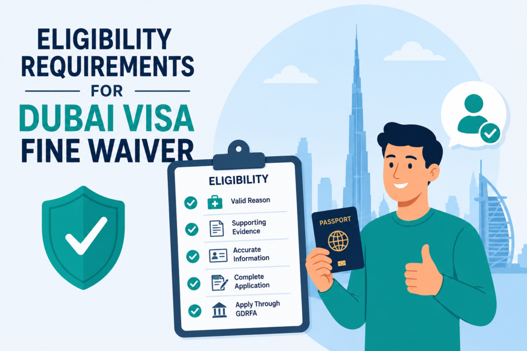 Illustration of eligibility requirements for Dubai Visa Fine Waiver with charts and in animation, as well as passport and approval shield icons.