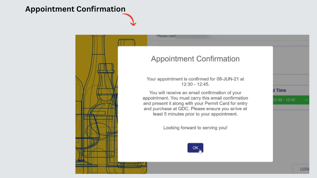 QDC appointment online confirmation showing booked date and time