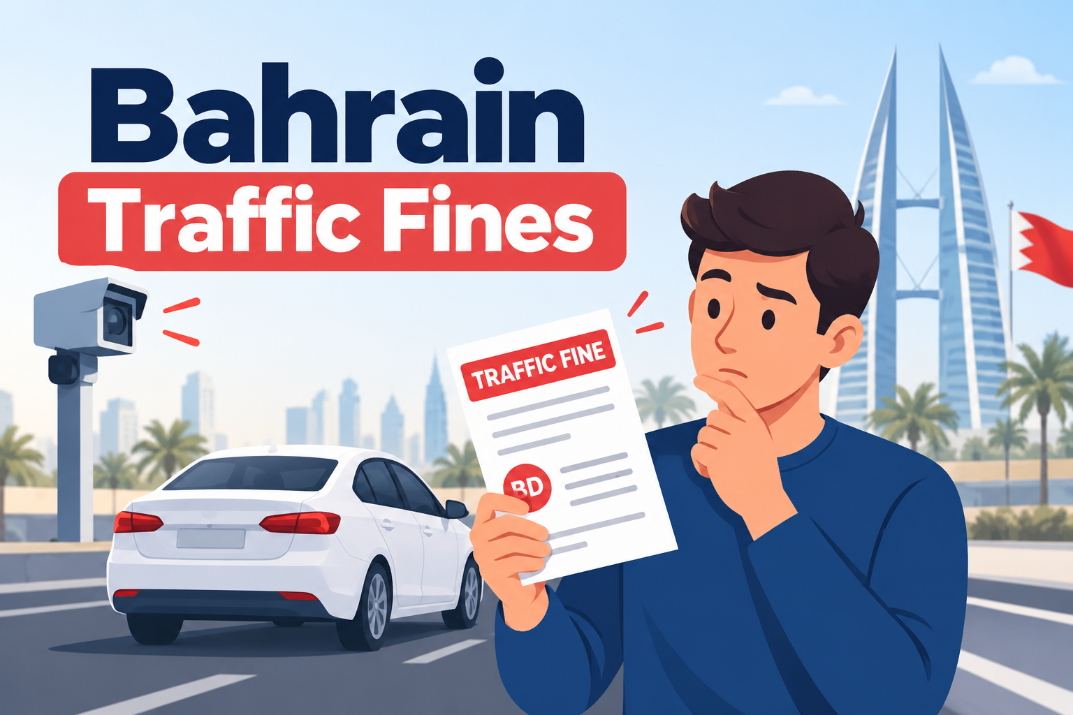 Bahrain traffic fines guide showing a driver holding a traffic fine notice near a car and traffic camera