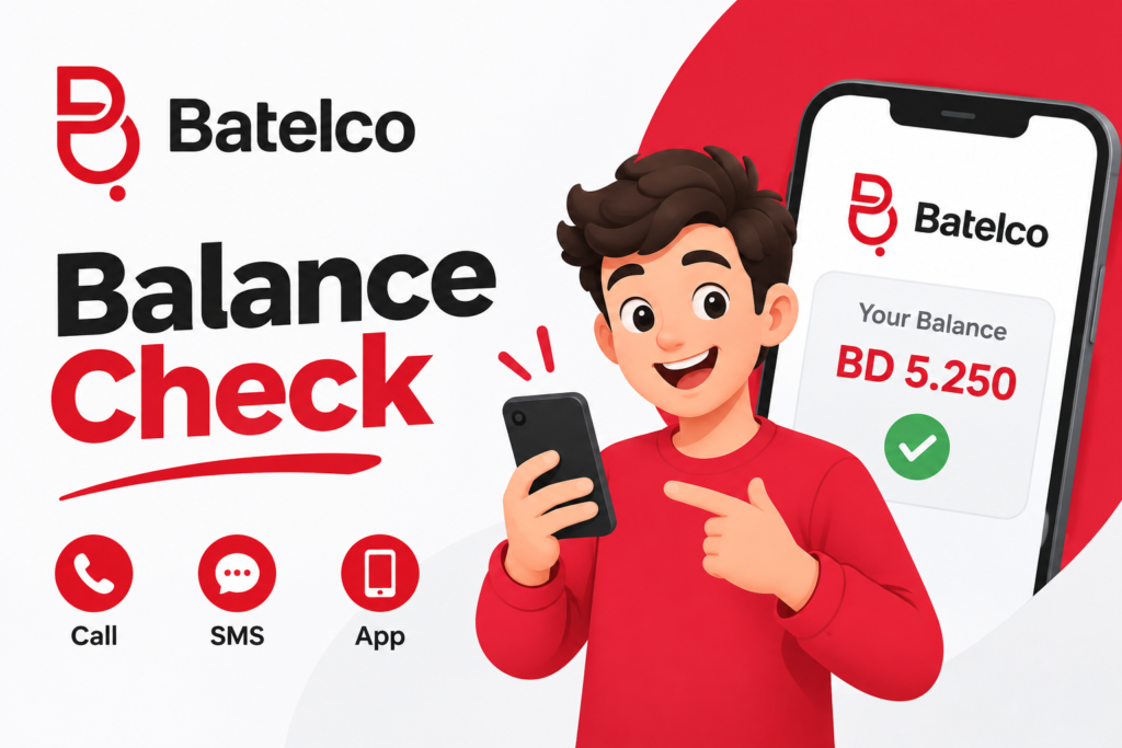 Batelco balance check guide with a smartphone showing mobile balance