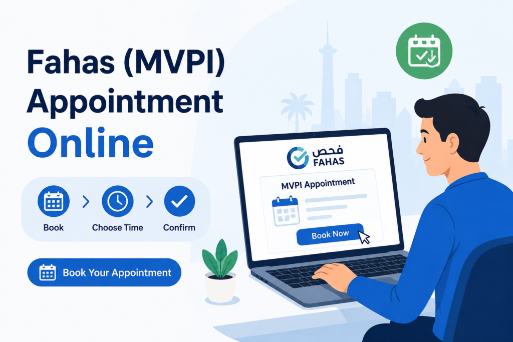 Fahas MVPI online appointment booking illustration showing a person using a laptop to book, choose a time, and confirm a vehicle inspection appointment.