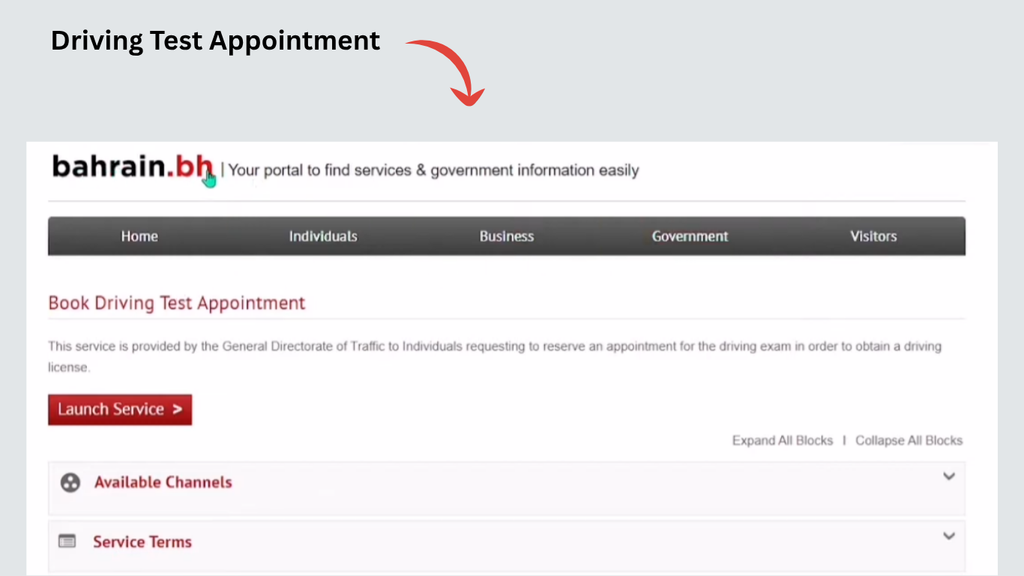 Driving Test Appointment Bahrain service page on bahrain.bh