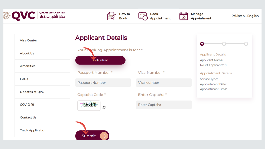 QVC Appointment Qatar – Enter passport and visa details
