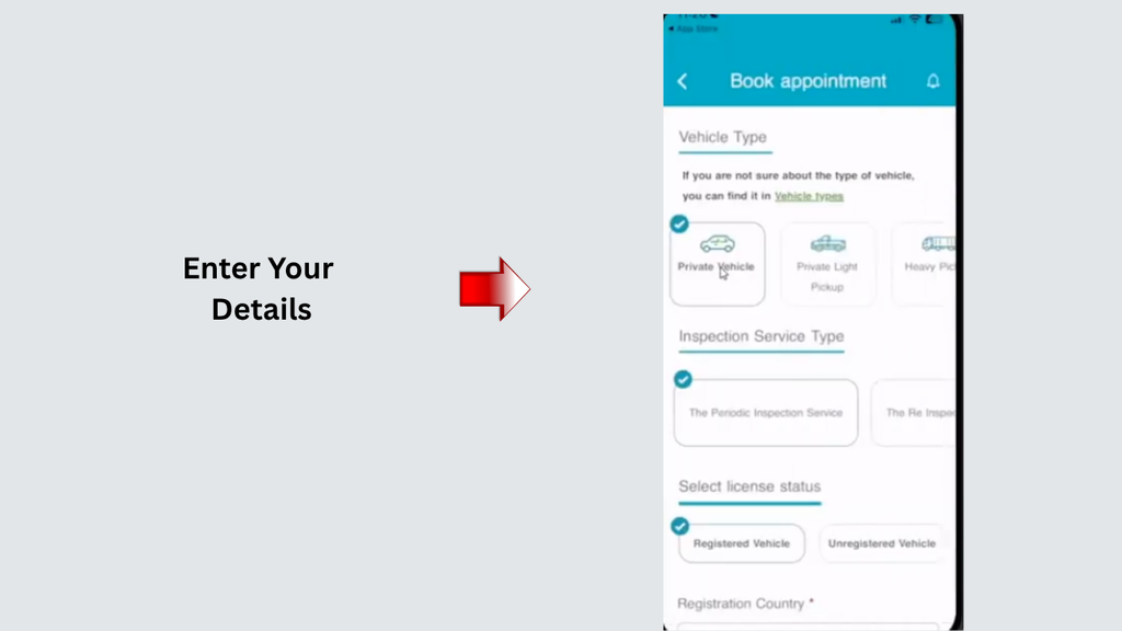 Enter vehicle details and inspection information to complete an MVPI appointment online booking.