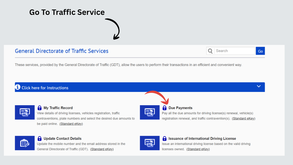 Screenshot of the official Government of Bahrain eServices website showing the eServices section used to access traffic-related government services.