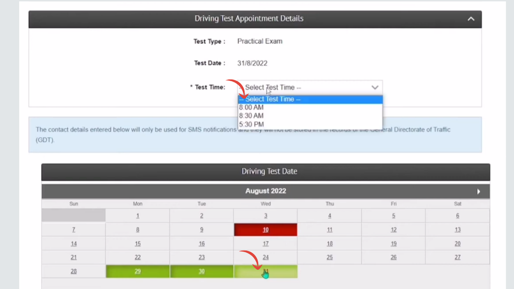Select driving test date and time for Bahrain appointment