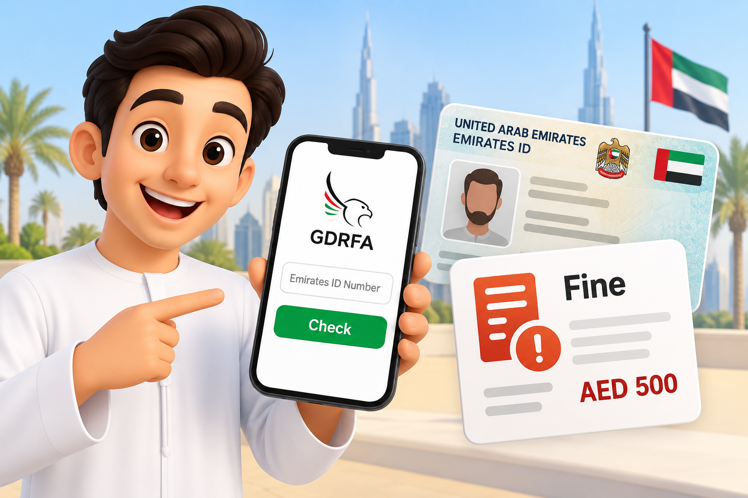 Check Emirates ID Fine in UAE online using GDRFA services, with an Emirates ID card and a fine inquiry on a smartphone.