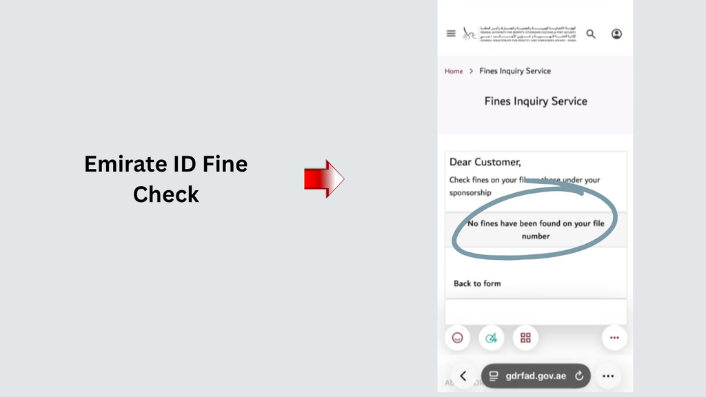 Emirates ID fine check showing the GDRFA Dubai online inquiry result.