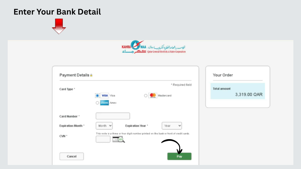 Kahramaa bill payment bank card details screen for online payment