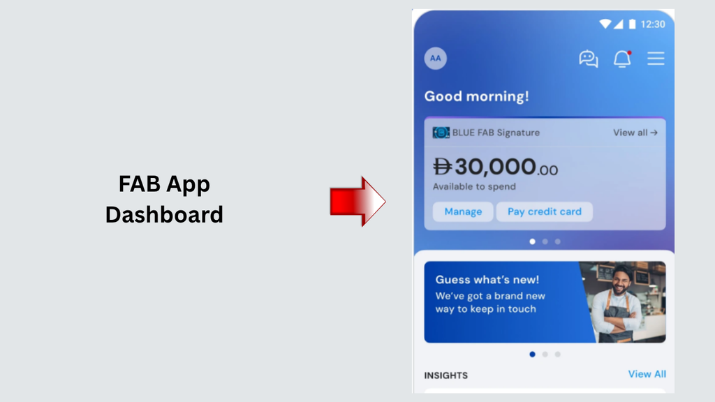 FAB Mobile app dashboard showing account balance and banking options for FAB balance check.