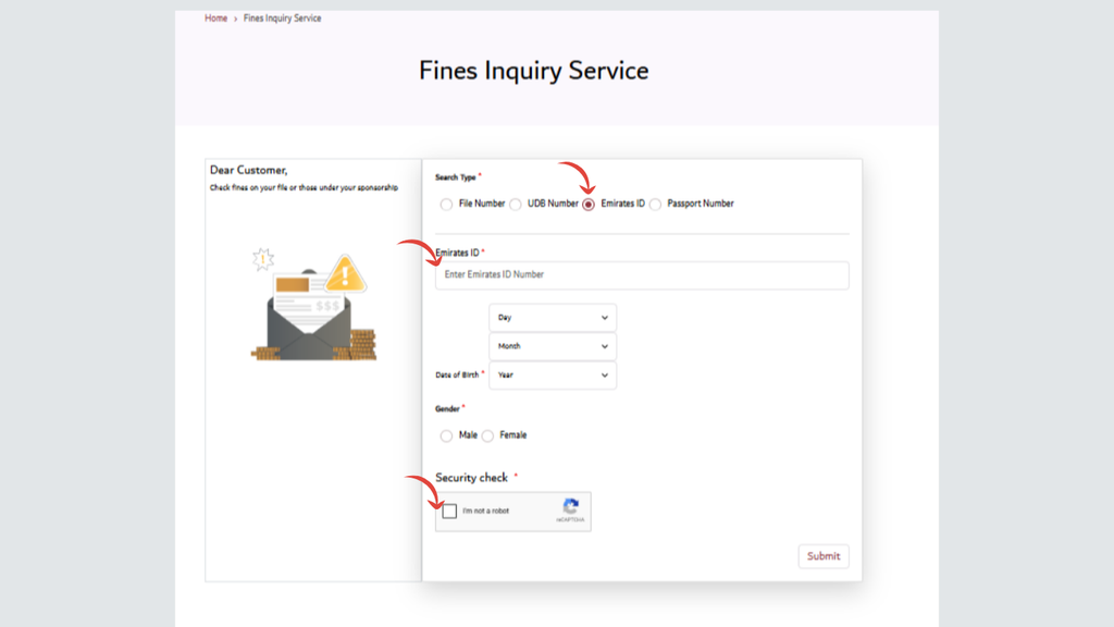 GDRFA Dubai Fines Inquiry form with Emirates ID number and personal details fields.