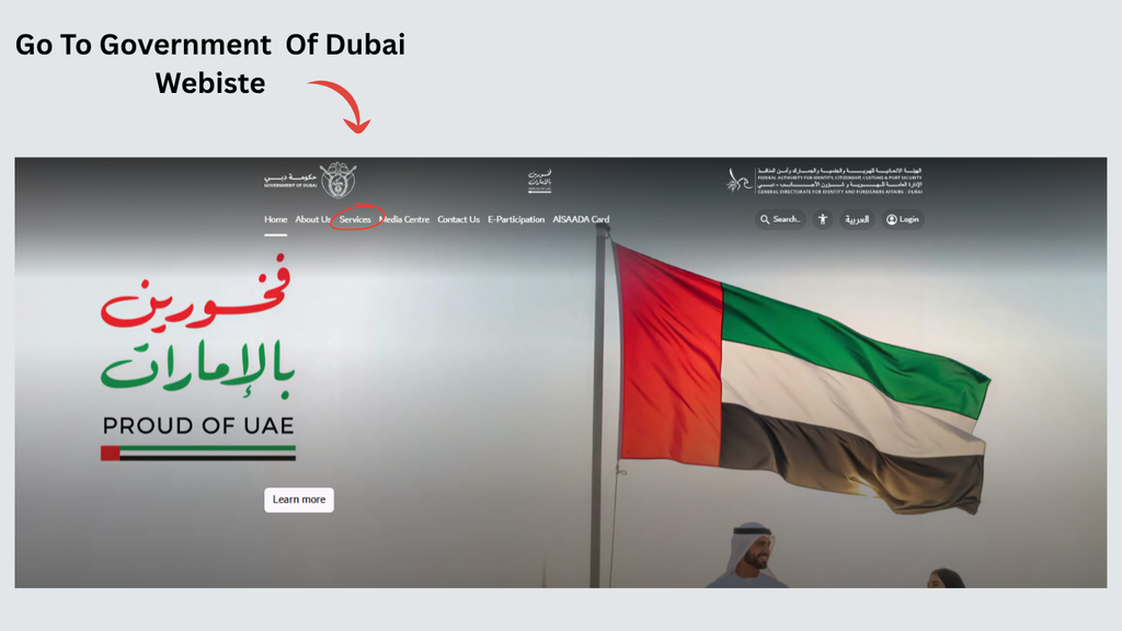 Government of Dubai official website with the Services menu highlighted for Emirates ID fine checking.