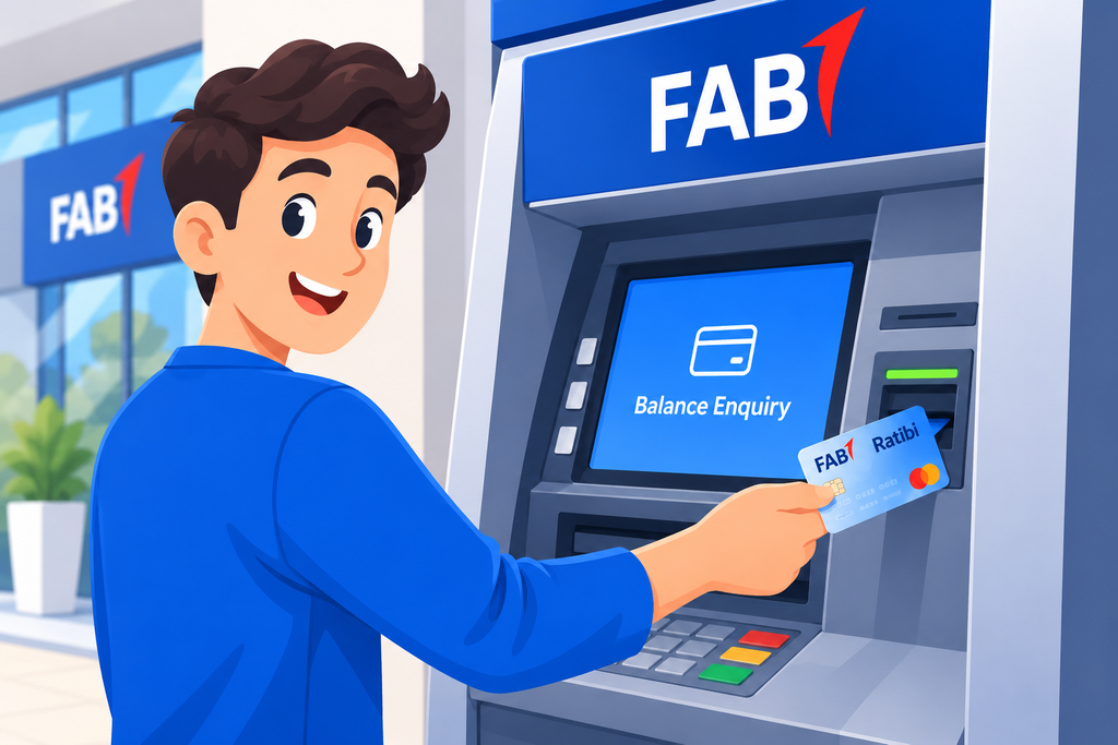 Animated man checking his FAB Ratibi balance at an ATM.