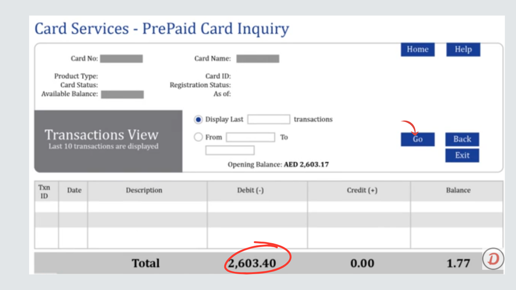 FAB prepaid card enquiry page displaying card details, available balance, and transaction history.