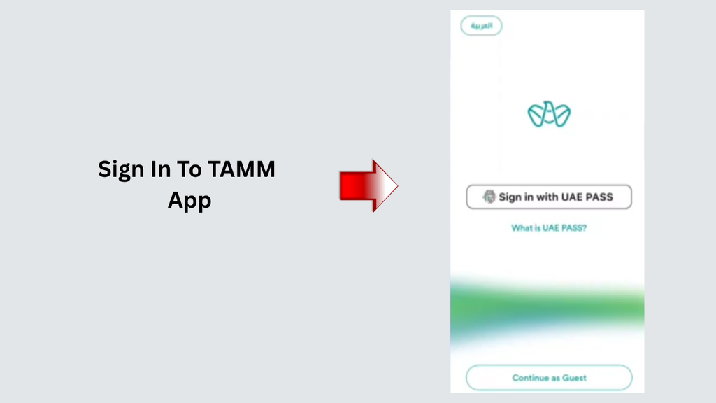 TAMM Abu Dhabi government app sign-in screen with UAE PASS and guest access options.
