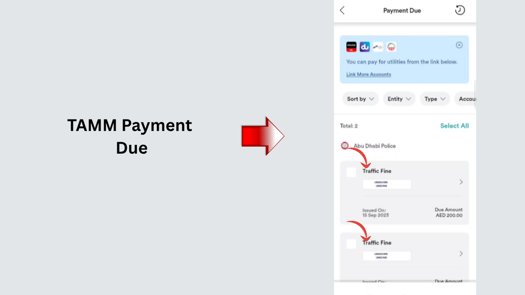 TAMM app payment due screen displaying traffic fines and outstanding amounts in Abu Dhabi.
